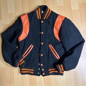 Vintage Black and Orange Wool Leather Varsity Bomber Jacket